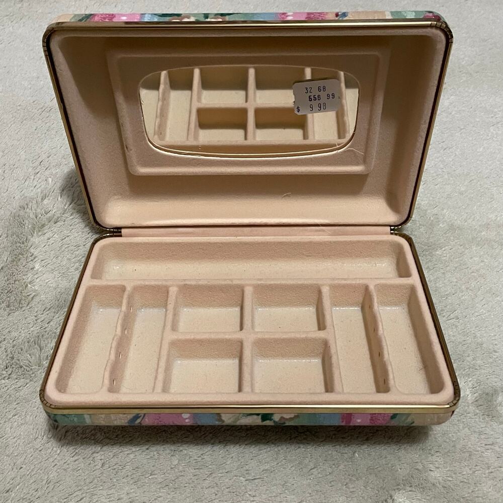 Vintage Mini Jewelry Box, 1980s Pastel Floral Fabric Covered Case for Travel - Picture 2 of 8